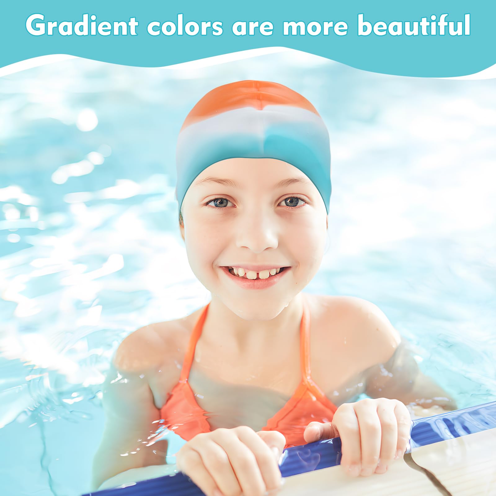 YRVCT Swimming cap children's long hair 2 Pack for Kids thickening colourful Gradient Silicone Swimming Hat Waterproof swimming cap Girls Boys Kids Teens Children - Image 2