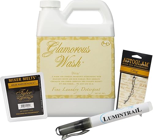 Tyler Candle Detergente de lavandería Glamorous Wash, paquete de Diva de 32 onzas con mezclador de velas Tyler, ambientador Autoglam y bolígrafo