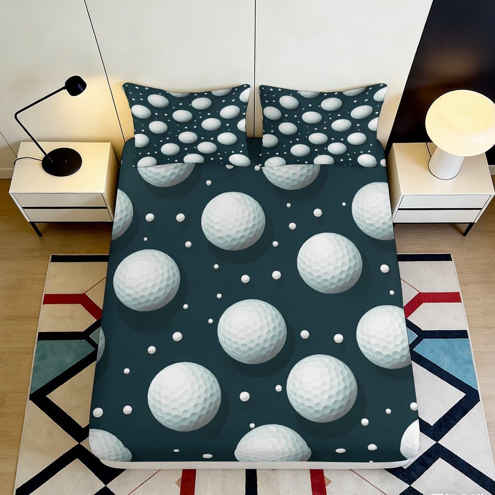 3D Printed Golf Ball Pattern Fitted Sheet Microfiber Soft Breathable Sports Dot Mattress Cover for Bedroom Dorm Use 160x200x25cm
