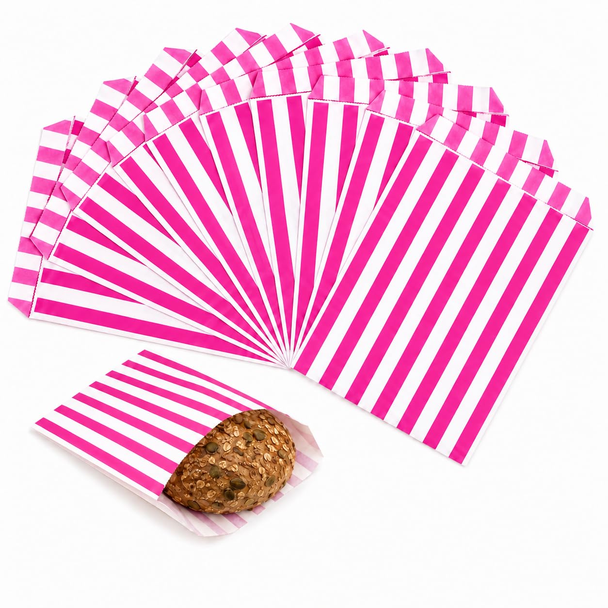 AURALIN Striped Paper Sweet Bags 100 Pack Pink Food-Safe Biodegradable