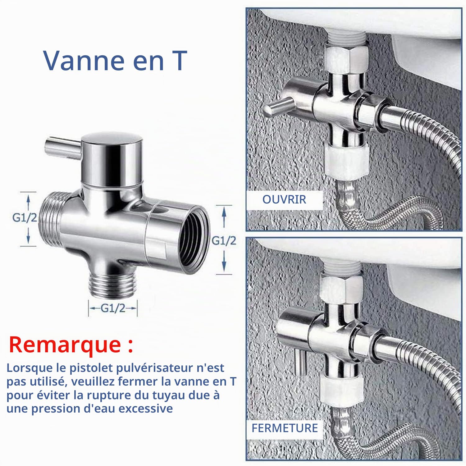 Kit Douchette Wc Toilettes Bidet HygiéNique - Kit Douchette Wc avec Vanne 3 Voies (1/2"-3/8") - Douchette pour L'HygièNe Intime