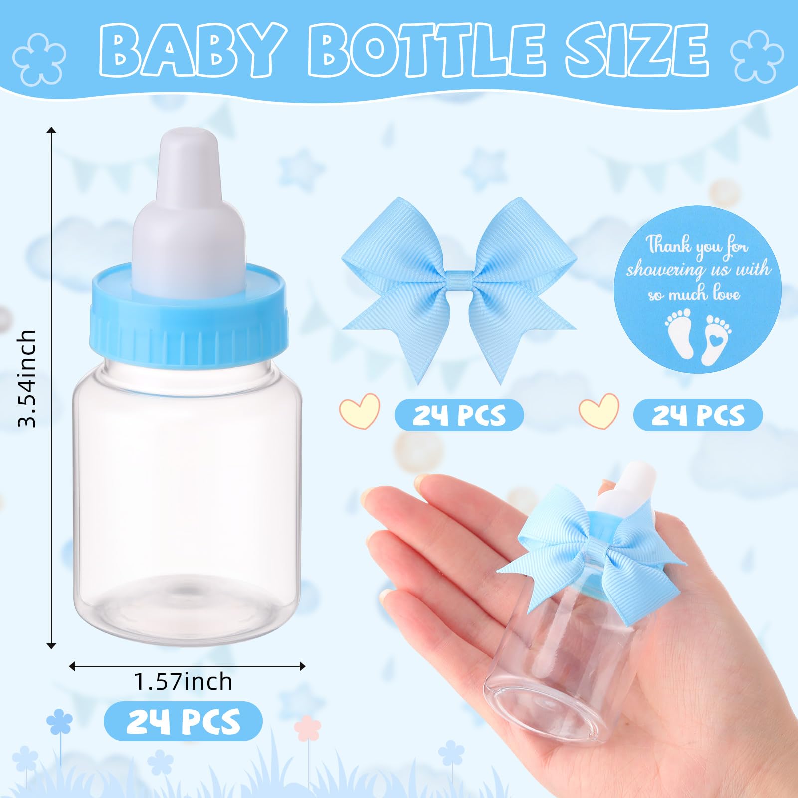 Teenyyou 48 juegos de mini biberones azules de 3.5 pulgadas para baby shower, fiesta, juego, botellas de leche de plástico con calcomanías de agradecimiento y lazos, regalos de agradecimiento para