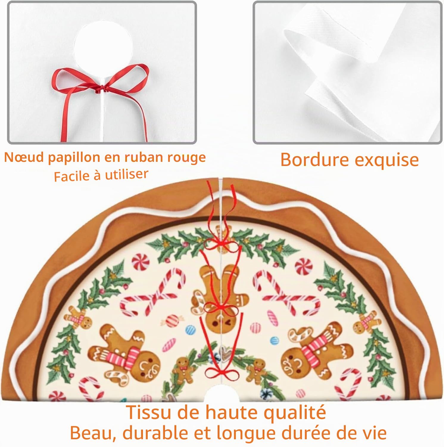 Jupe de Sapin de Noël 120 cm Bonhomme en Pain d'épice Corde Rouge