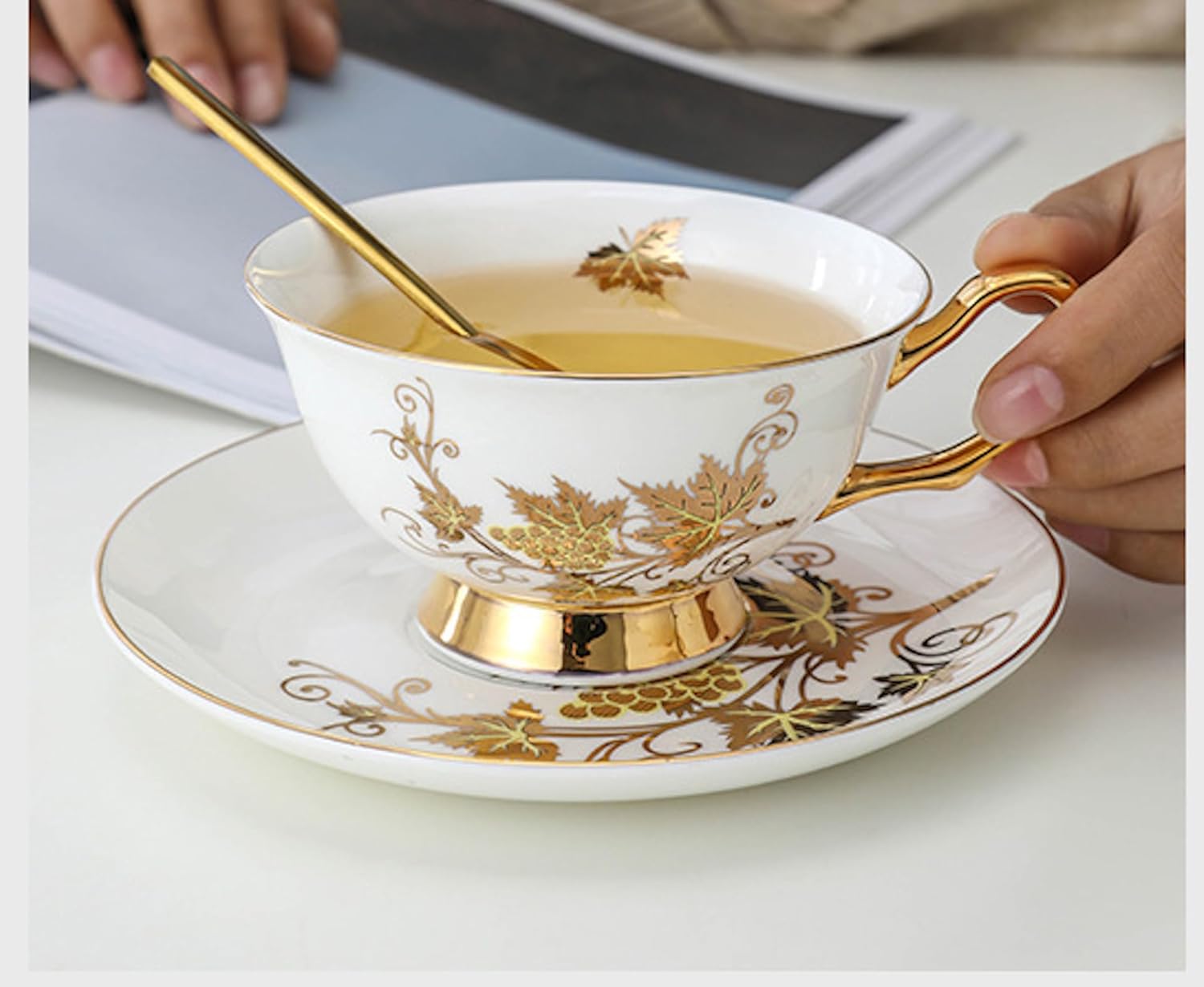 TFE's Tea Cup and Saucer Set - 6 Pcs Bone China with Vintage Design Gift Set - Coffee Cup and Espresso Cup Set for Any Occasion Including Formal Gatherings (Golden Vines)