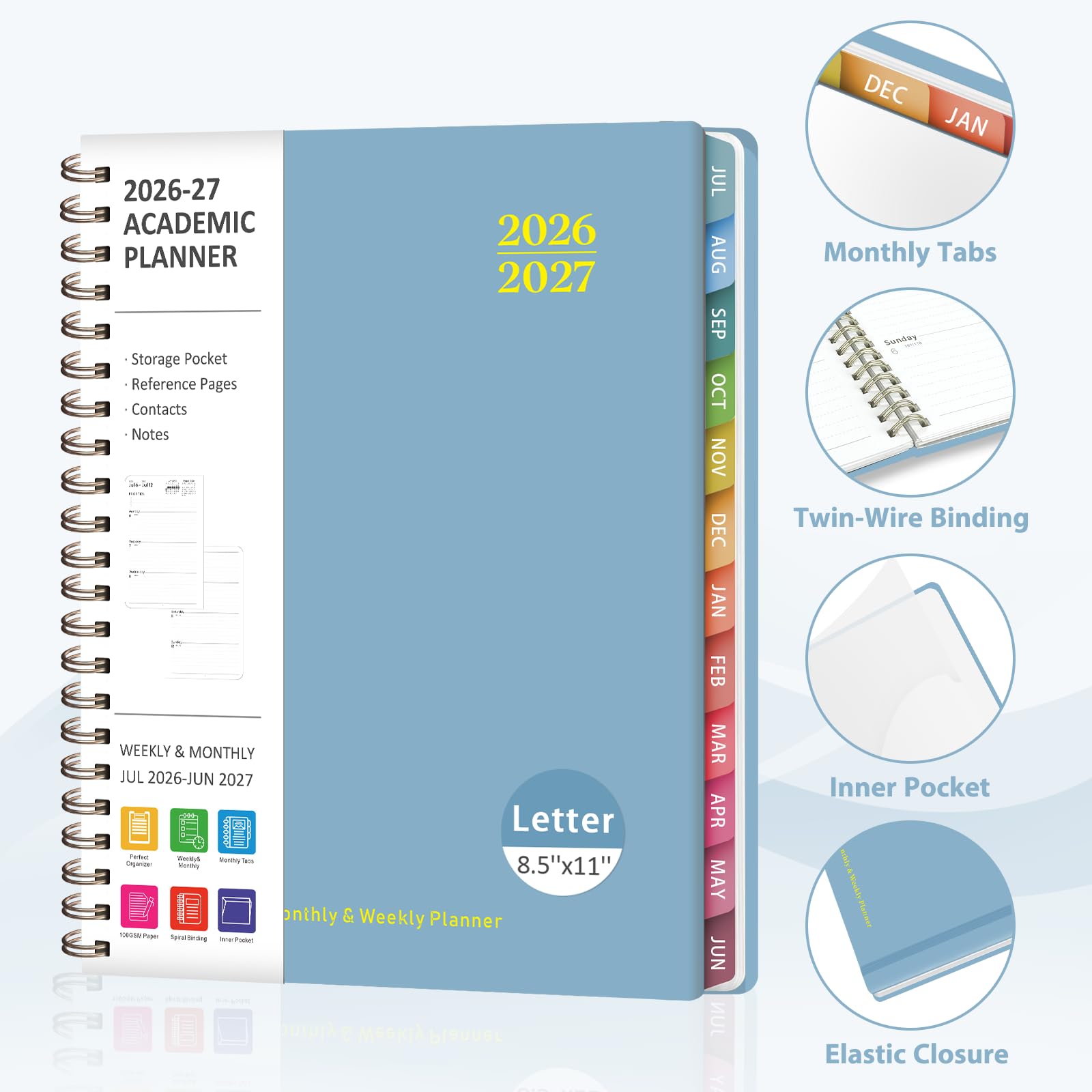Planner 2026-2027, planner accademico settimanale e mensile, luglio 2026 - giugno 2027, agenda con copertina rigida per pianificazione dell'anno scolastico, materiale scolastico per insegnanti e