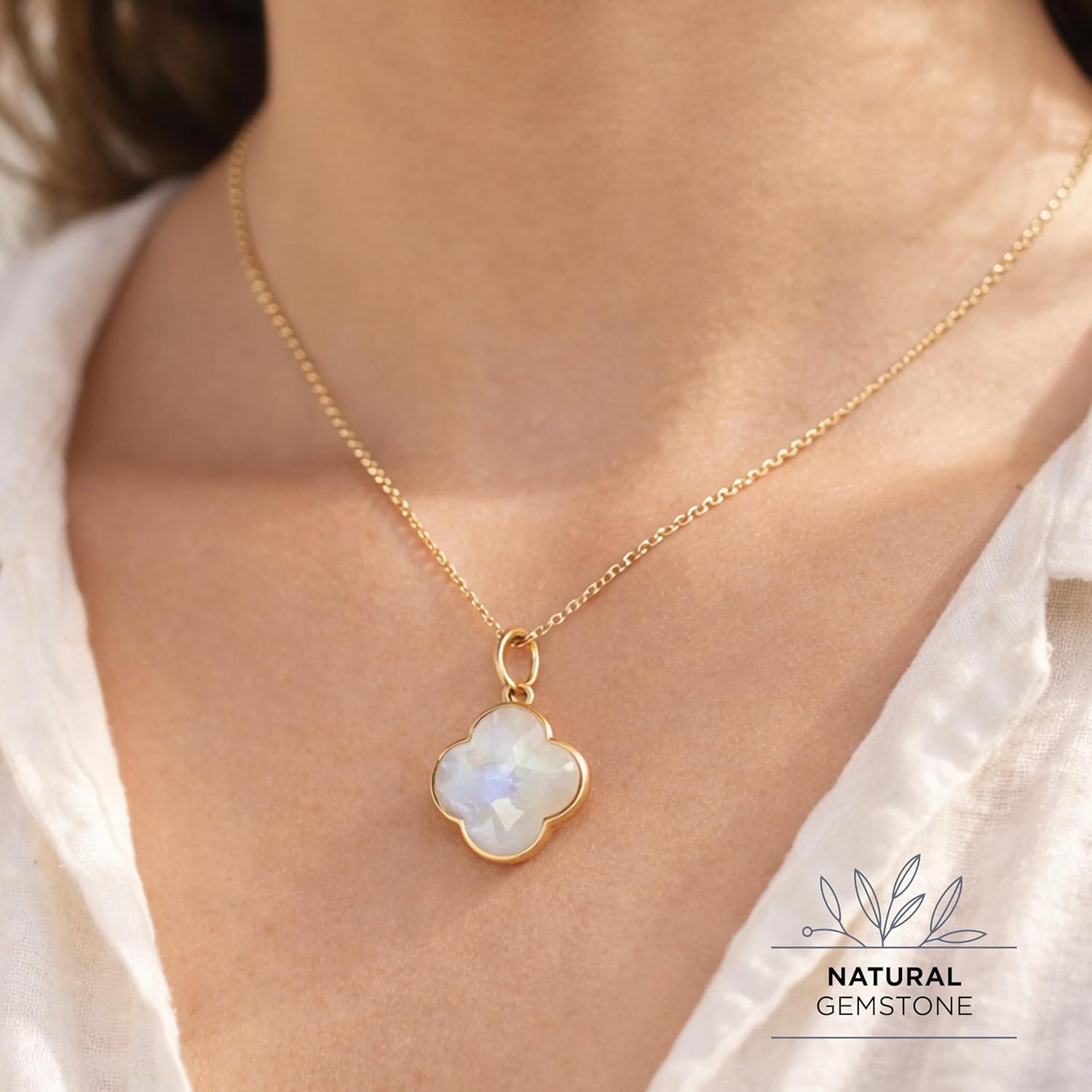 Natural Gemstone Four Leaf Clover Necklace for Women – Rose Quartz, Black Tourmaline, Labradorite, Moonstone, Amethyst, Amazonite – Handmade 925 Sterling Silver 18K Gold Plated Jewelry Gift