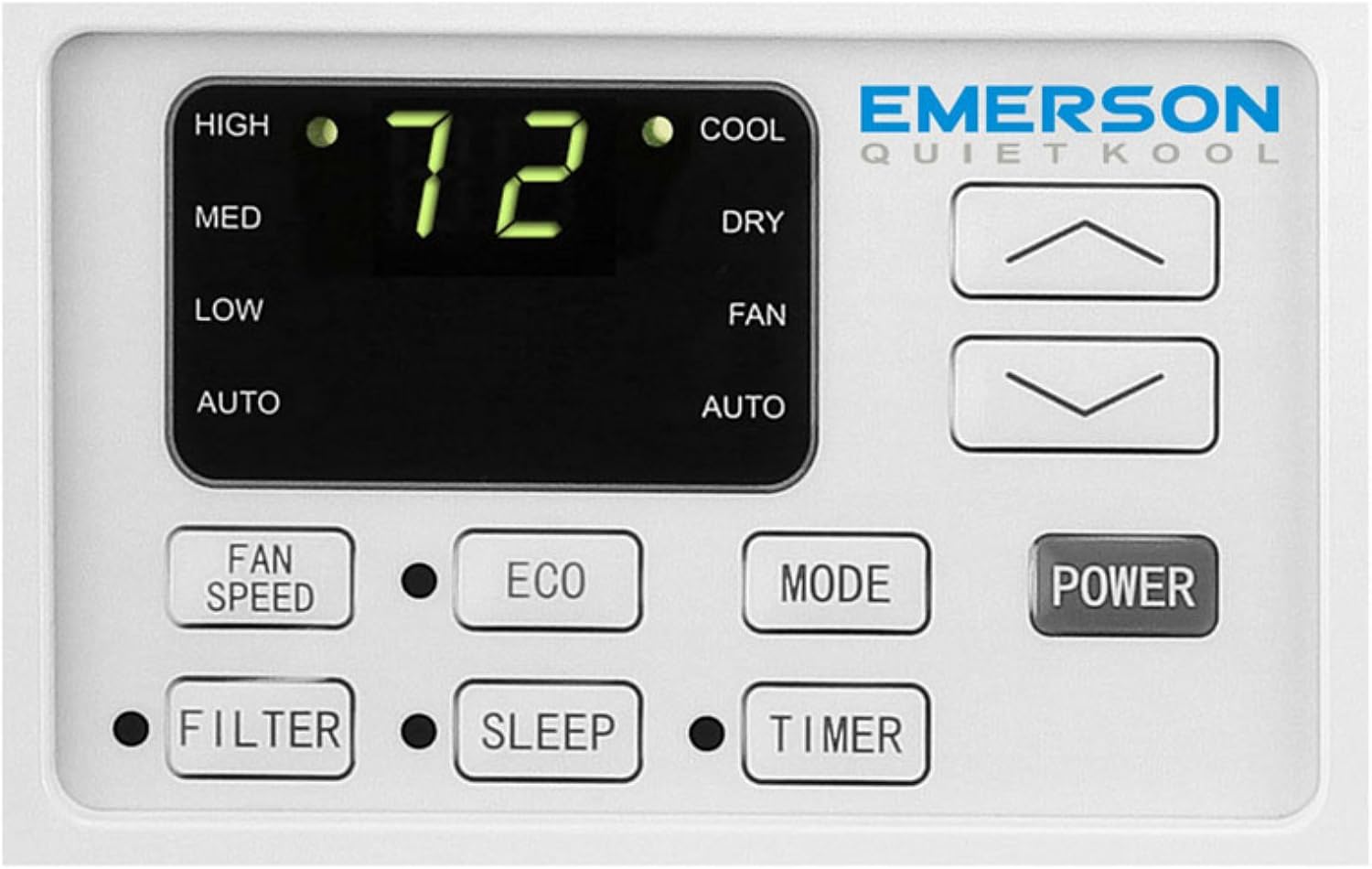 Close-up of Emerson Quiet Kool AC control panel