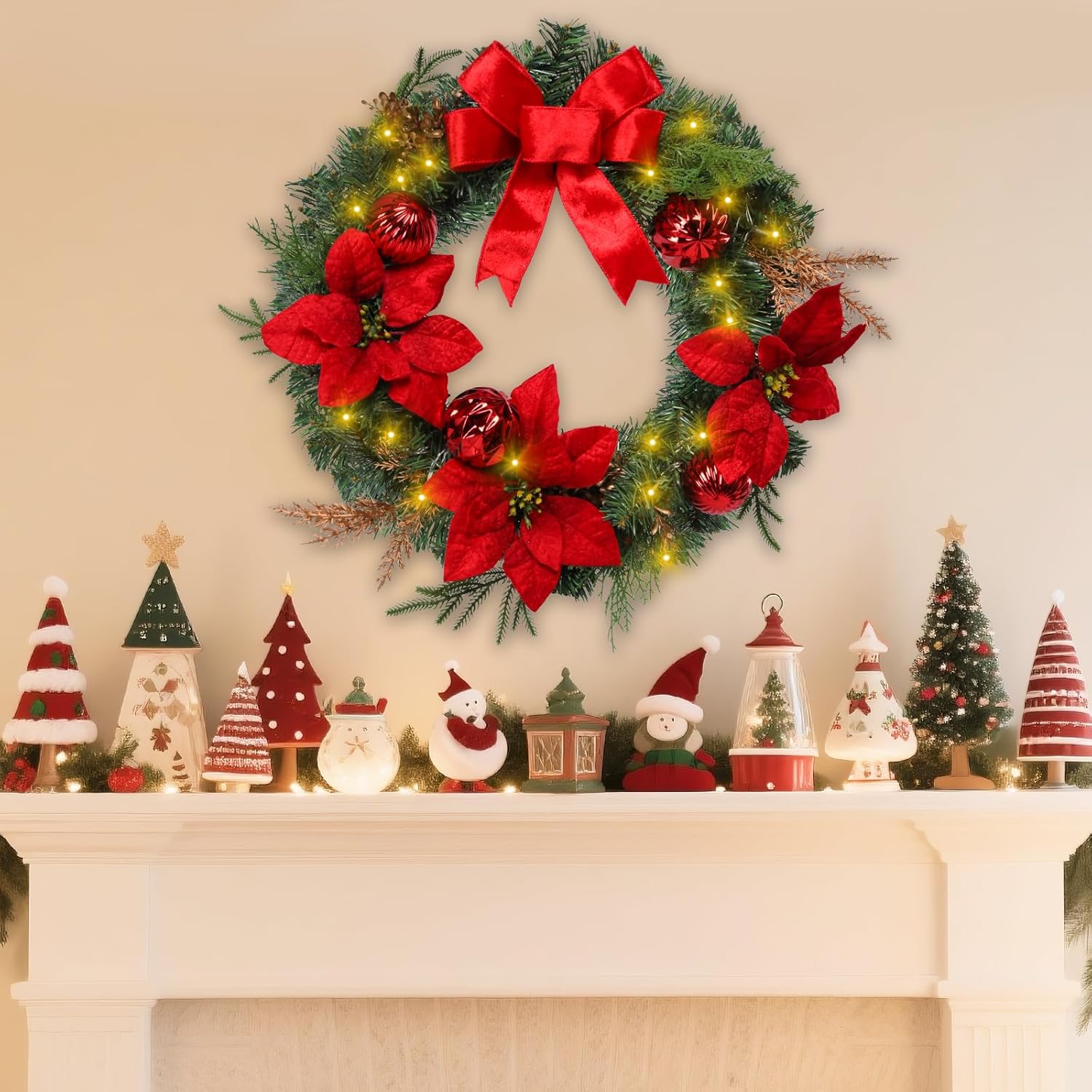 Christmas Wreaths for Front Door 20Inch Christmas Wreath with 50 LED Lights Xmas Door Wreath with Poinsettia for Outdoor Indoor Holiday Home Decoration Xmas Decor Pre-Lit Artificial Wreaths