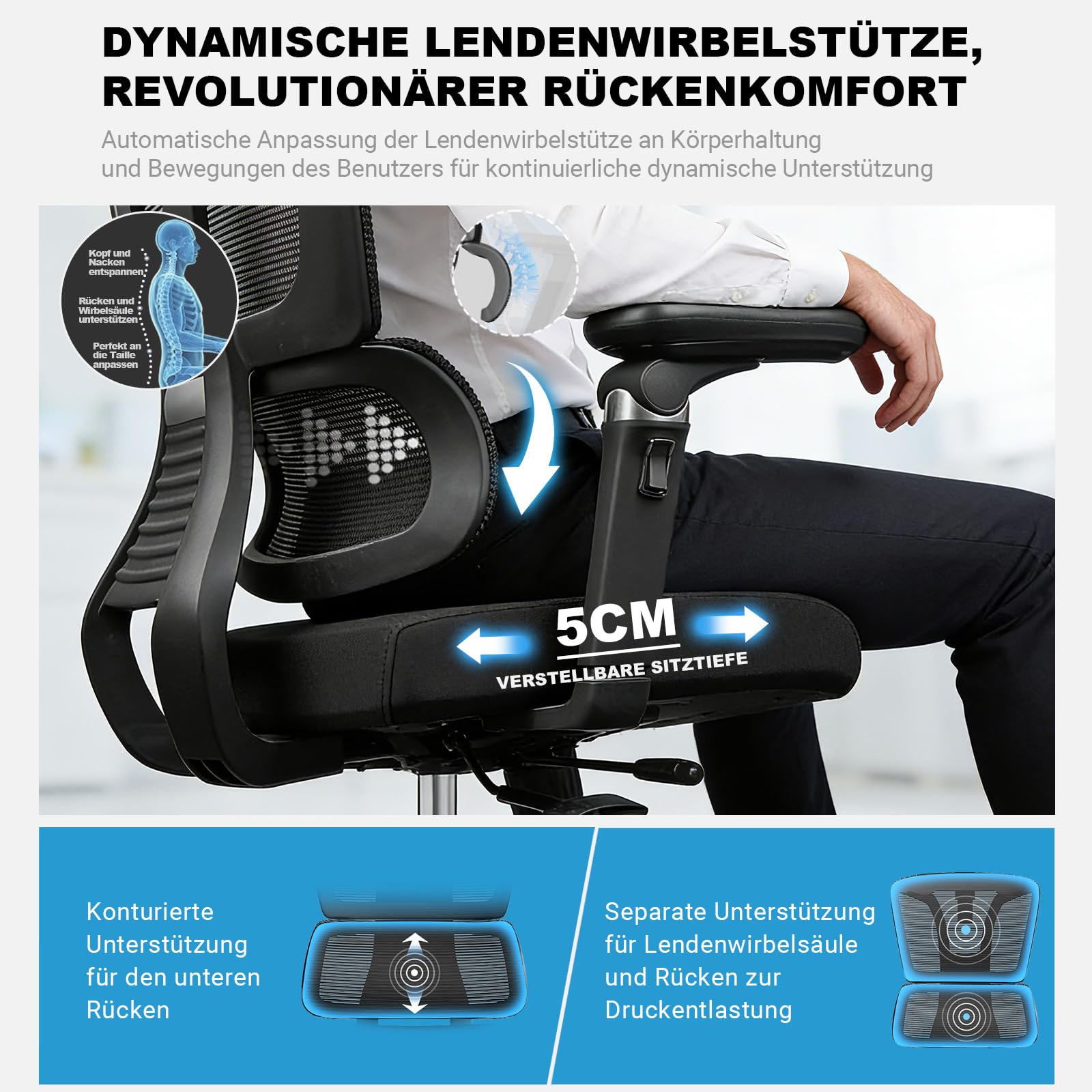 MELOKEA Bürostuhl Ergonomisch, 7D-Armlehnen, Verstellbare Sitztiefe, 4-Stufen Neigung, Gummirollen, Hohe Rückenlehne, Ergonomischer Lordosenstütze, Langes Sitzen, Homeoffice & Gaming, Bürostuhl 200KG