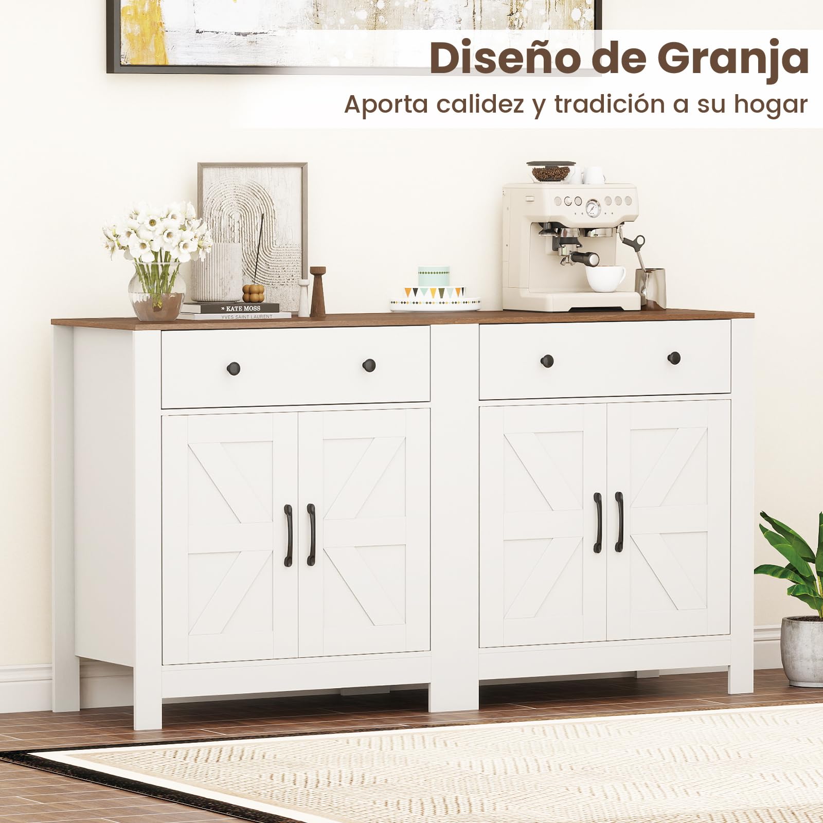 COSTWAY Mueble Auxiliar de Cocina, 76 x 40 x 85 cm, Aparador de Entrada Bajo con 1 Cajón, 2 Puertas y Estante Ajustable, Armario de Almacenamiento para Cocina, Salón, Entrada, Blanco y Natural