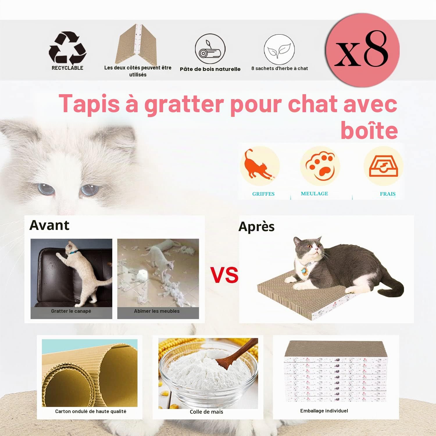 8 en 1 Grattoir pour Chat, Grattoir en Carton, Réversible, Carton Durable et Recyclable, Grattoir Premium, Adapté pour Que Les Chats se Repose, Affûtent Leurs Griffes et Jouent