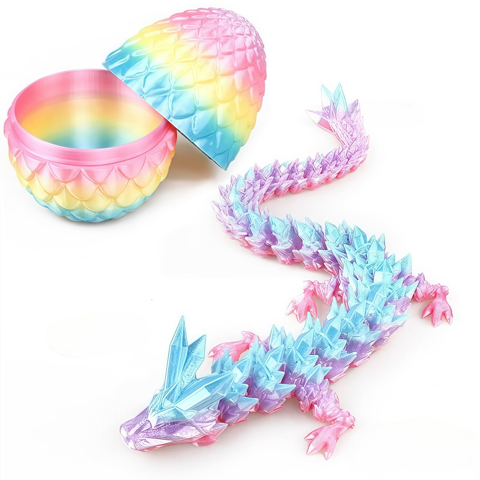 Full Articulated Crystal Dragon with Egg, 3D Printed Flexible Fidget Toy