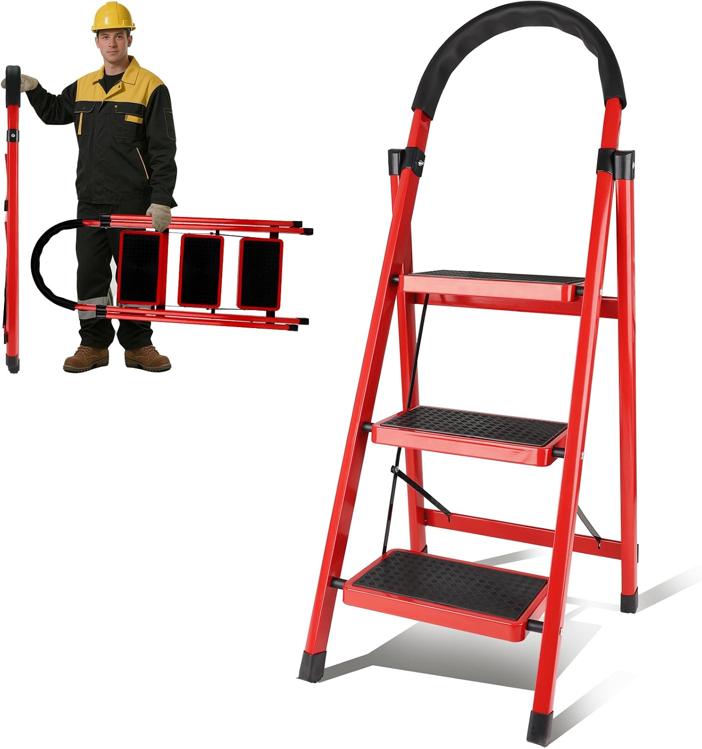 3 Step Ladder Folding, Step Stools for Adults with Wide Anti-Slip Pedals, Curved Cushioned Handrail and Safe-Lock Design, Heavy Duty Portable Multi-Purpose Ladders for Home, Kitchen, Household