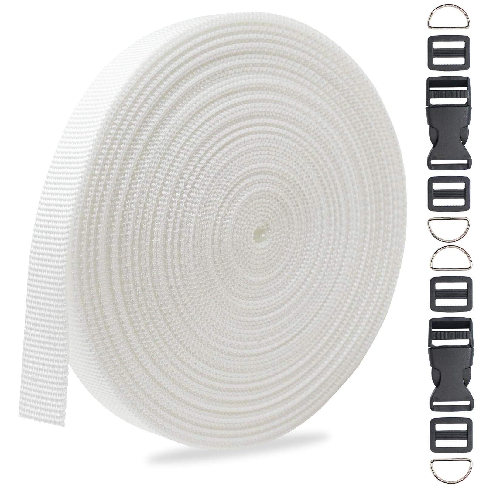 ZHFMLY Nylon 5/8 inch 10 Yards Climbing-Webbing, White #264, Includes 2 Buckles & 4 Anti-slip Clips