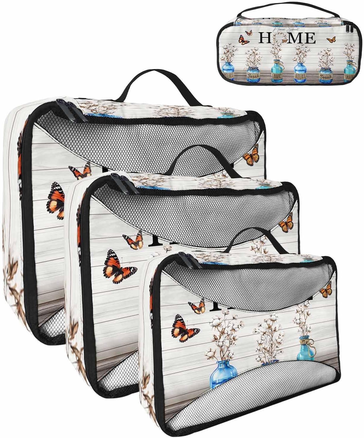 Farmhouse Blue Bottle Cotton Home Quote 4 Set Packing Cubes, Vintage Wood Grain Packing Cubes for Carry on Suitcase Travel Essential Bag for Clothes Shoes Cosmetics Toiletry