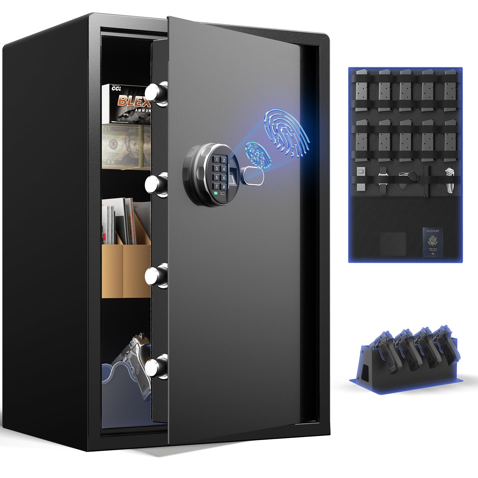 Grimtron Biometric Gun Safe (3.46 cu. ft.) - Quick Access Multiple Handgun Storage with Fingerprint & Backlit Keypad, Secure Pistol Safe Box with Door Organizer & Gun Rack