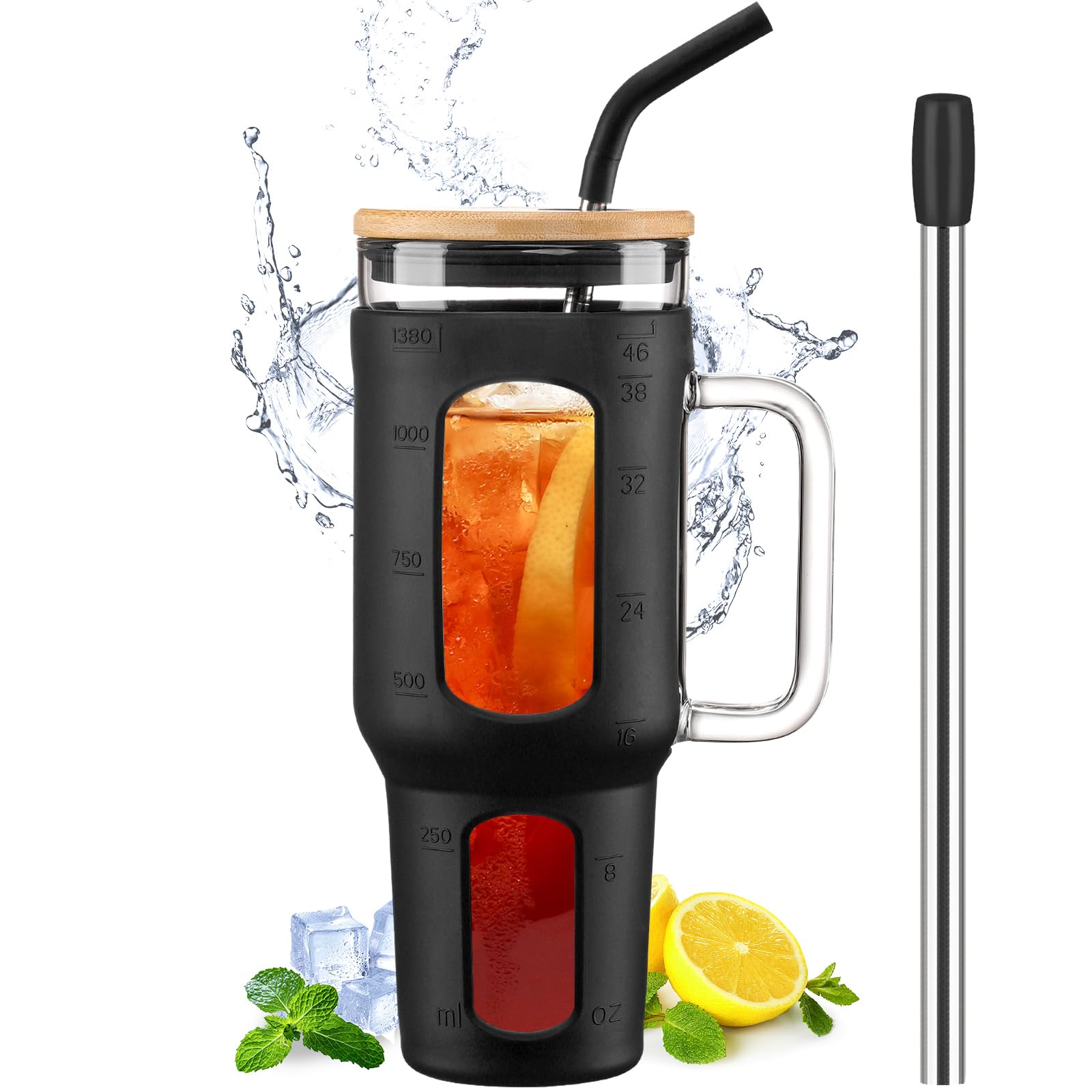 BLUEGO Glass Tumbler with Lid and Straw, 1400ml Iced Coffee Cup with Handle, Borosilicate Water Bottles with Silicone Sleeve