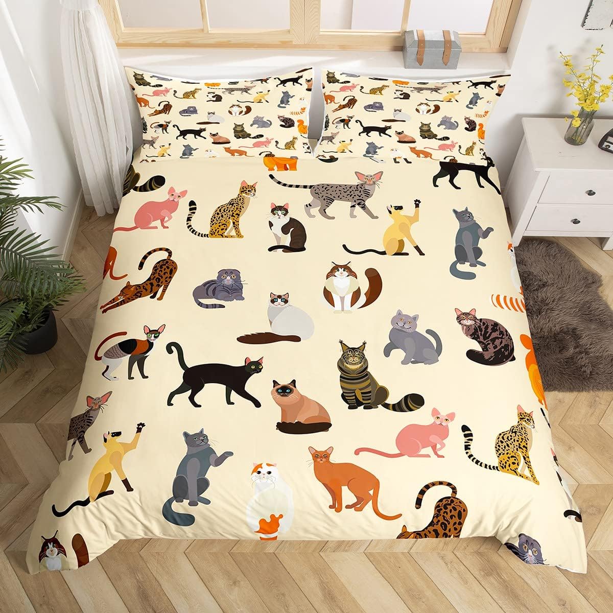 Feelyou Cartoon Cat Duvet Cover King Size Cute Cat Yellow Comforter Cover Cat Lover's Gift Bedspread Cover Animal Pattern Bedding Set for Kids Boys Girls Adults