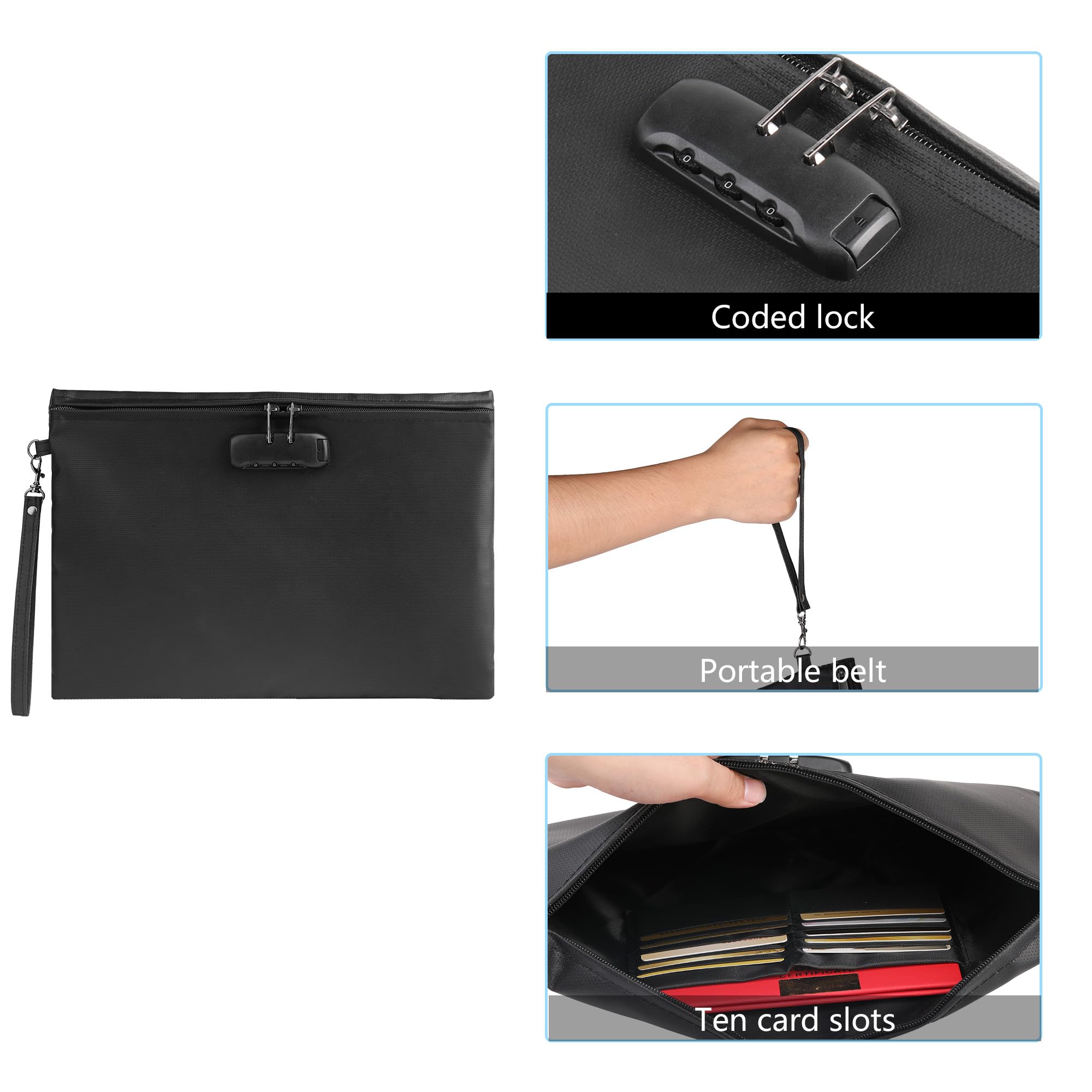 Bolsa de documentos impermeable e ignífuga con cerradura de contraseña, negro, 36 x 26 cm, bolsa de almacenamiento multifuncional, funda de seguridad
