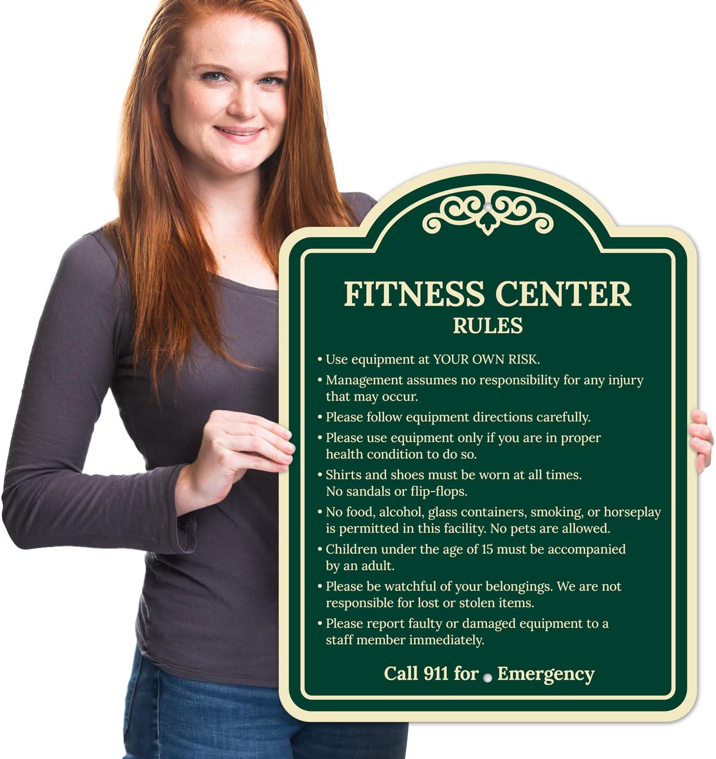 Fitness Center Rules Use Equipment at Your Own Risk Décor Sign, Green Dark, 18x24 Inches, ACM, Fade Resistant, Made in USA