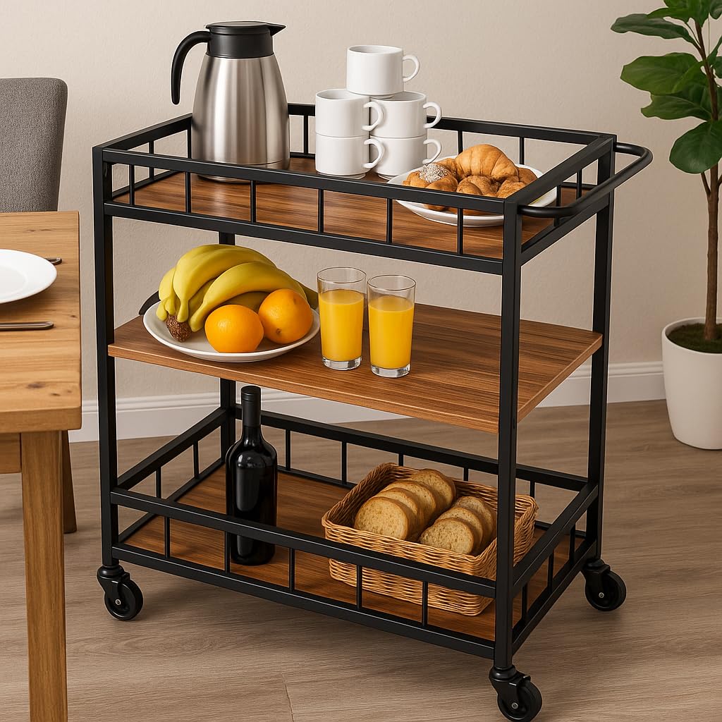 Wooden Trolley with Wheels 3-Tier Serving Trolley for Kitchen, Bar & Home Kitchen Serving Trolley with Wheels Compact Wooden Bar Cart for Party & Snacks-image-21
