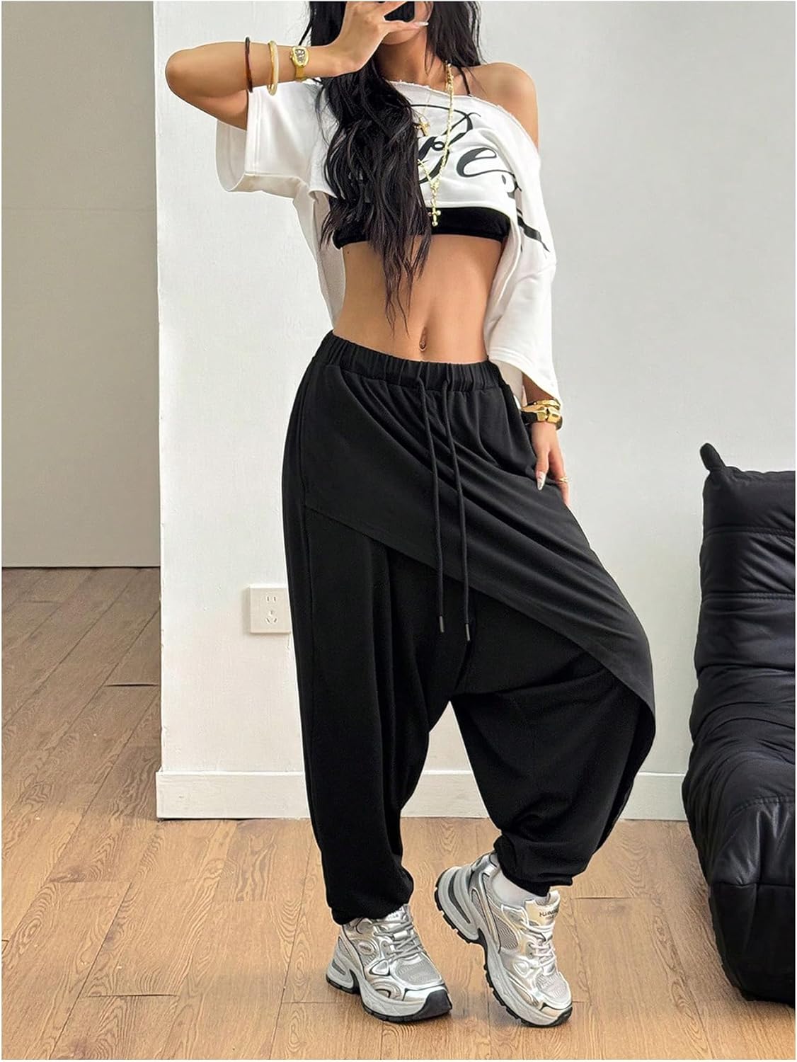 Women's Hippie Baggy Harem Pants Drawstring Waist Drop Crotch Trousers Asymmetrical Wrap Streetwear - Image 5