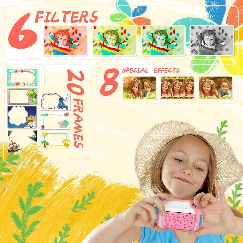 Caméra Enfants Appareil Photo Enfants à Impression Instantanée 2,4'' 1080P écran Appareil Photo Numérique pour Enfants 32GB SD Carte, Stylo 5 Couleurs Cadeaux pour Garçon et Fille Rose