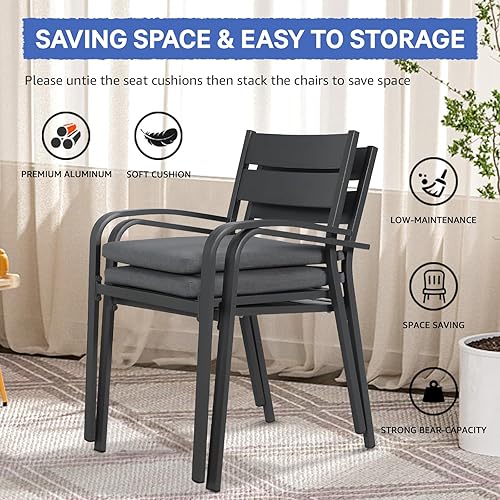 Miniatura 6 de Soleil Jardin Sillas de comedor de aluminio para exteriores de 4 piezas con cojines, sillas apilables para balcón, jardín, patio, acabado gris