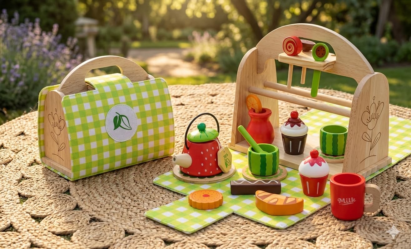 Kinder Tee-Set Spielzeug aus Holz, 19-tlg. Rollenspiel Zubehör mit 1 Tragetasche | Erdbeere Nachmittagstee Set für Kinderküche & Kaufmannsladen, Lernspielzeug Geschenk für Mädchen & Jungen ab 3 Jahren