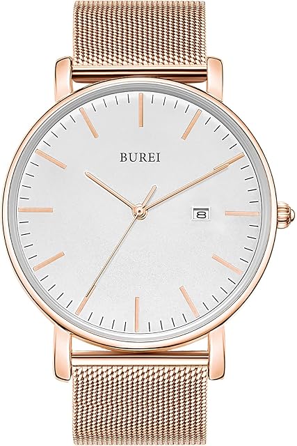 BUREI Men's Watches, Classic Analogue Dial with Date Japanese Quartz and Ultra-Thin Stainless Steel Mesh Band