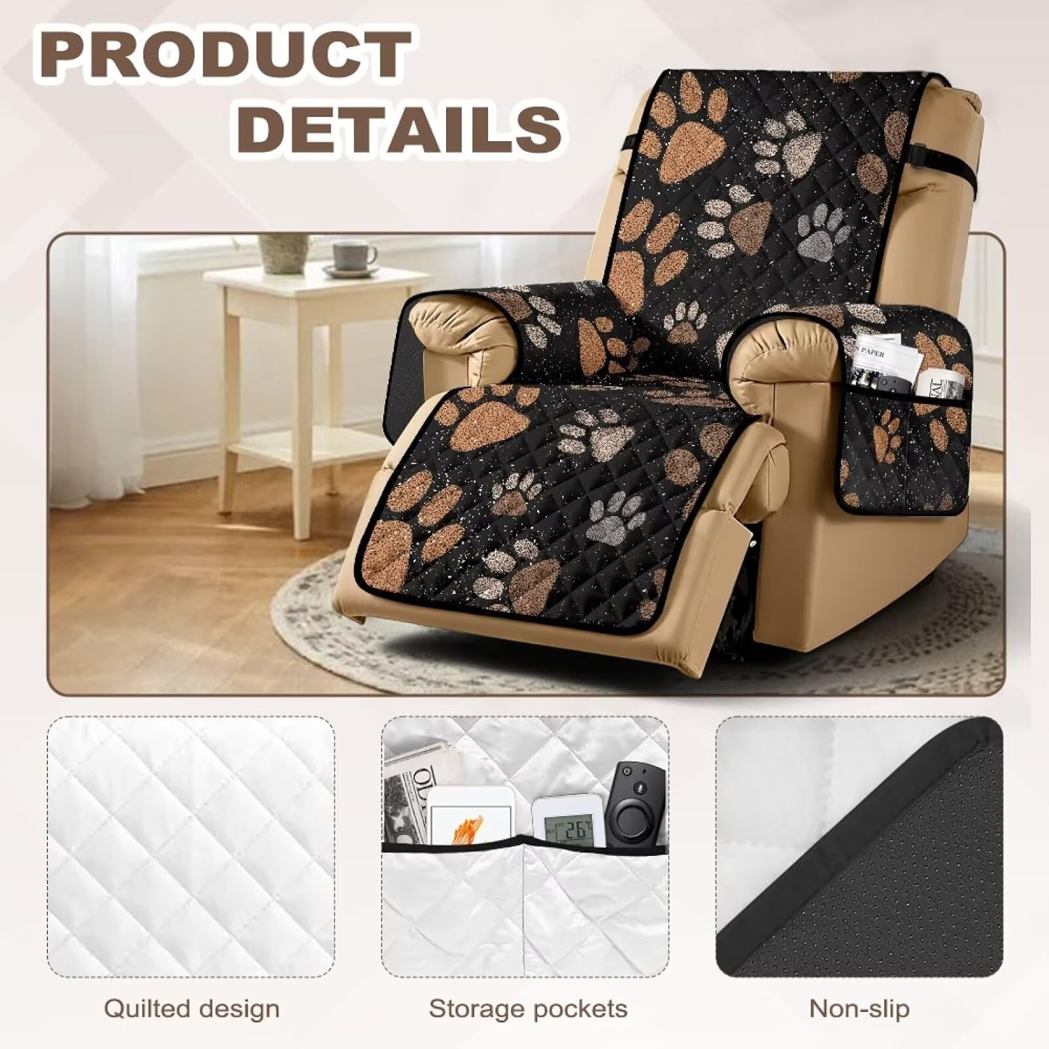 ZDCUSTOM Dog Paws Print Reclining Chair Cover Large Non-Slip Lazy Boy Recliner Cover with Elastic Straps Washable Reclining Furniture Protector for Home Decorations