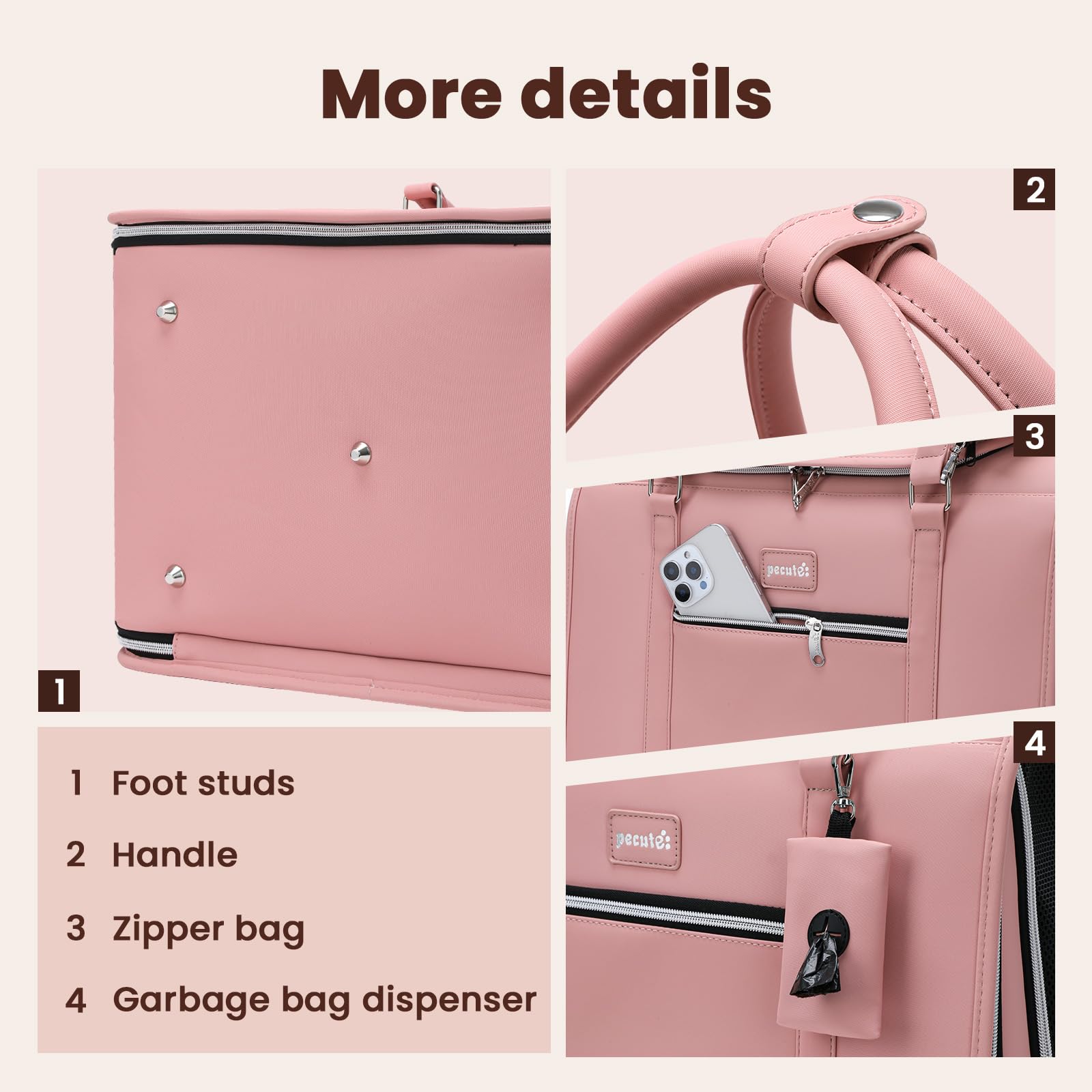 Pecute Transportin Gato, Bolso de Transporte de Gatos de Moda < 6 kg, Tela PU y Hardware con Cuerda de Seguridad Incorporada, Plegable y Portátil para Viajar