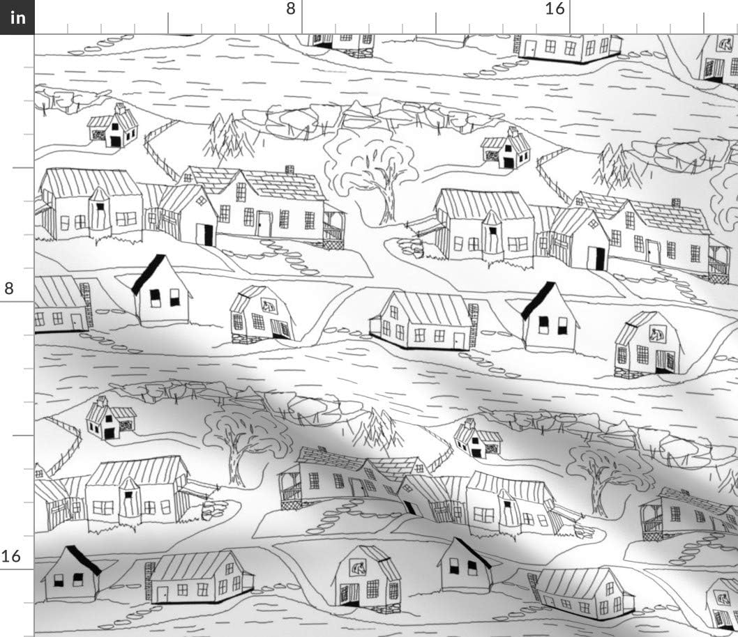 Spoonflower Fabric - Sketch Sugar House Black White Line Drawing Barn Printed on Petal Signature Cotton Fabric by The Yard - Sewing Quilting Apparel Crafts Decor