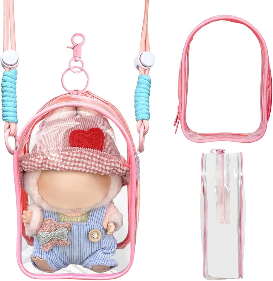 Clear Display Case Protective Case Cover Clear Figure Display Bag with Keychain Accessories for 5.9inch Plush Doll Collectibles Figure No Dolls (Pink)