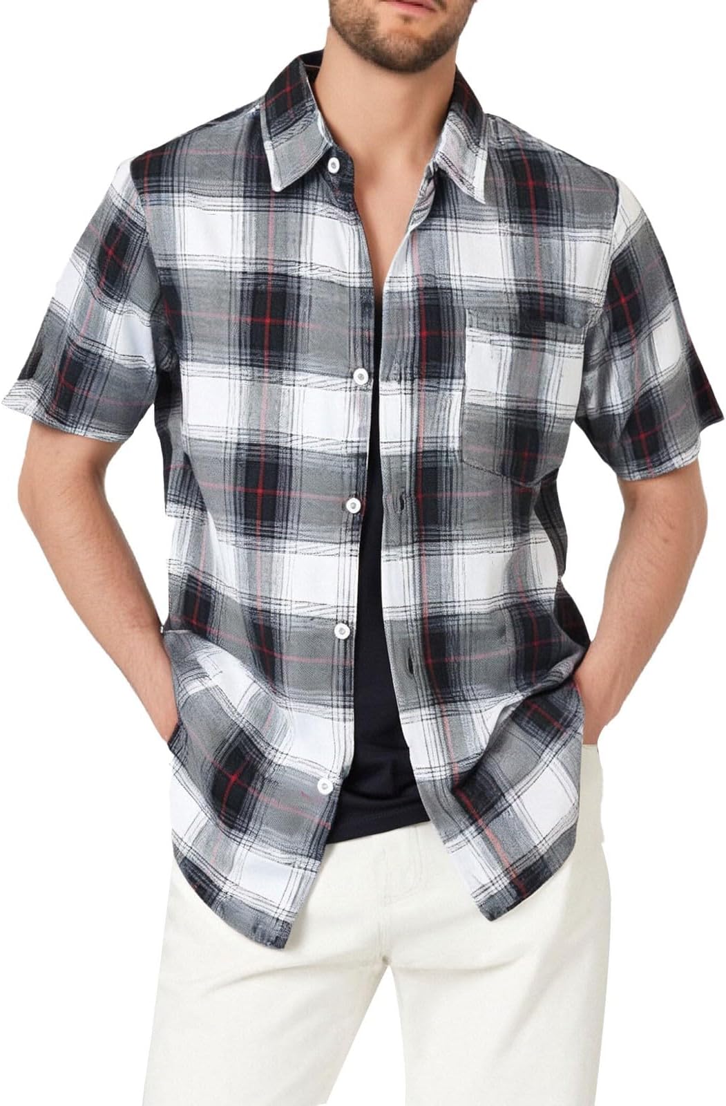 Checked Shirt Mens Short Sleeve Button Down Work Shirts Lightweight Lumberjack Shirts Loose Fit Casual Business Outerwear Lightweight Plaid Summer Shirt with Breast Pocket Regular Beach Tops