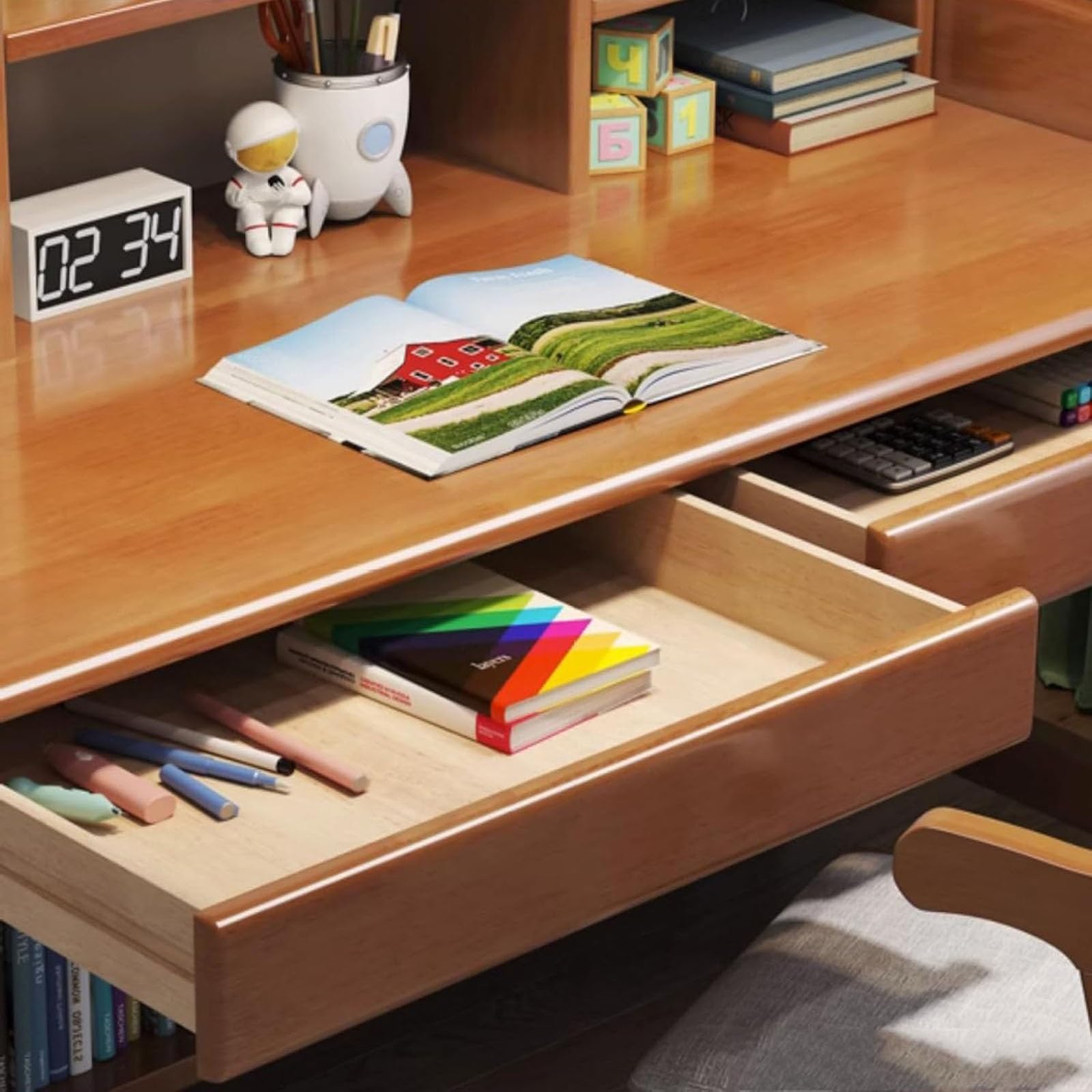 引き出し付き　木製ライティングデスク Amazon.co.jp: ライティングデスク、引き出しと椅子付きコンピュータ