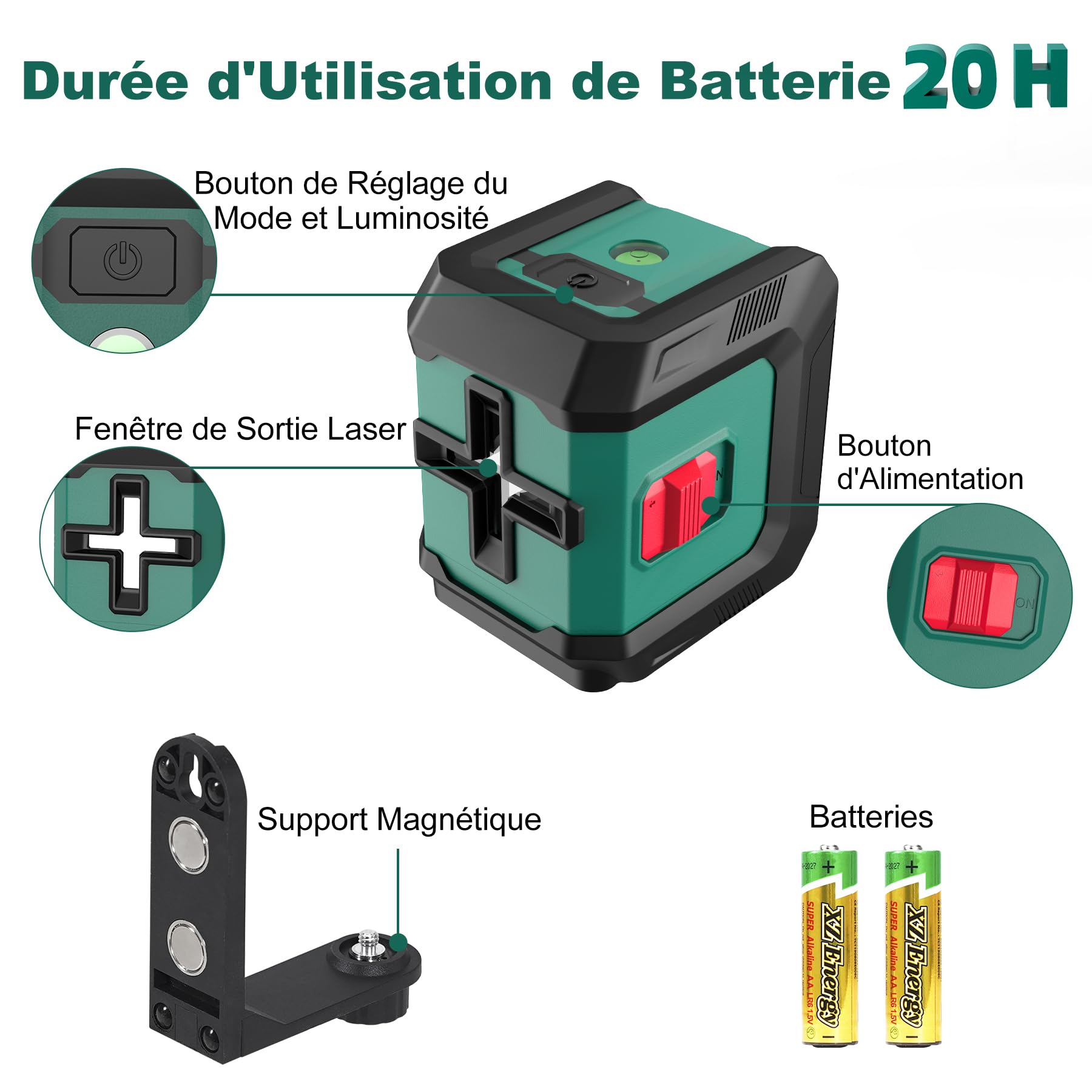 HYCHIKA Niveau Laser 15M, Autonivelant Laser Vert avec 3 Niveaux de Luminosité Réglables, Niveaux Laser avec Support pour Décoration de Maison, 2 Piles AA