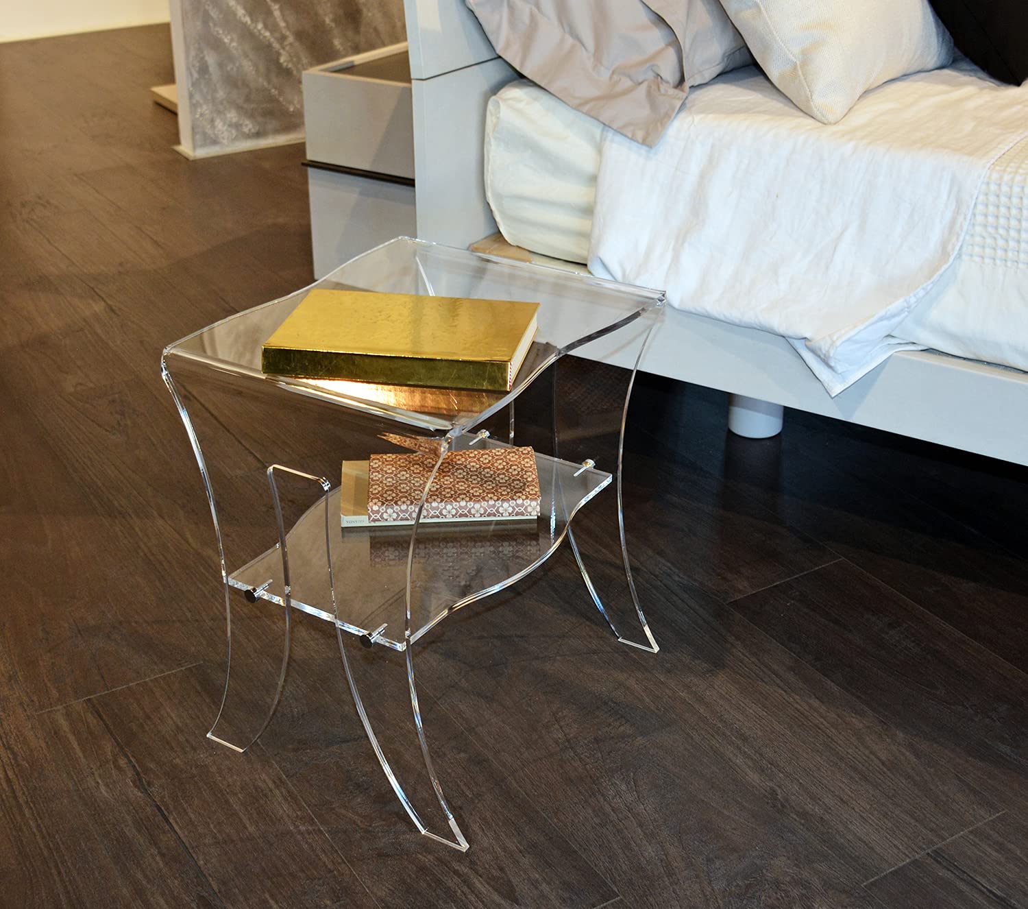 Slato Comodino Emerald Design Moderno In Cristallo Acrilico Trasparente - 2 Ripiani - Made In Italy - 35x38x45 Cm