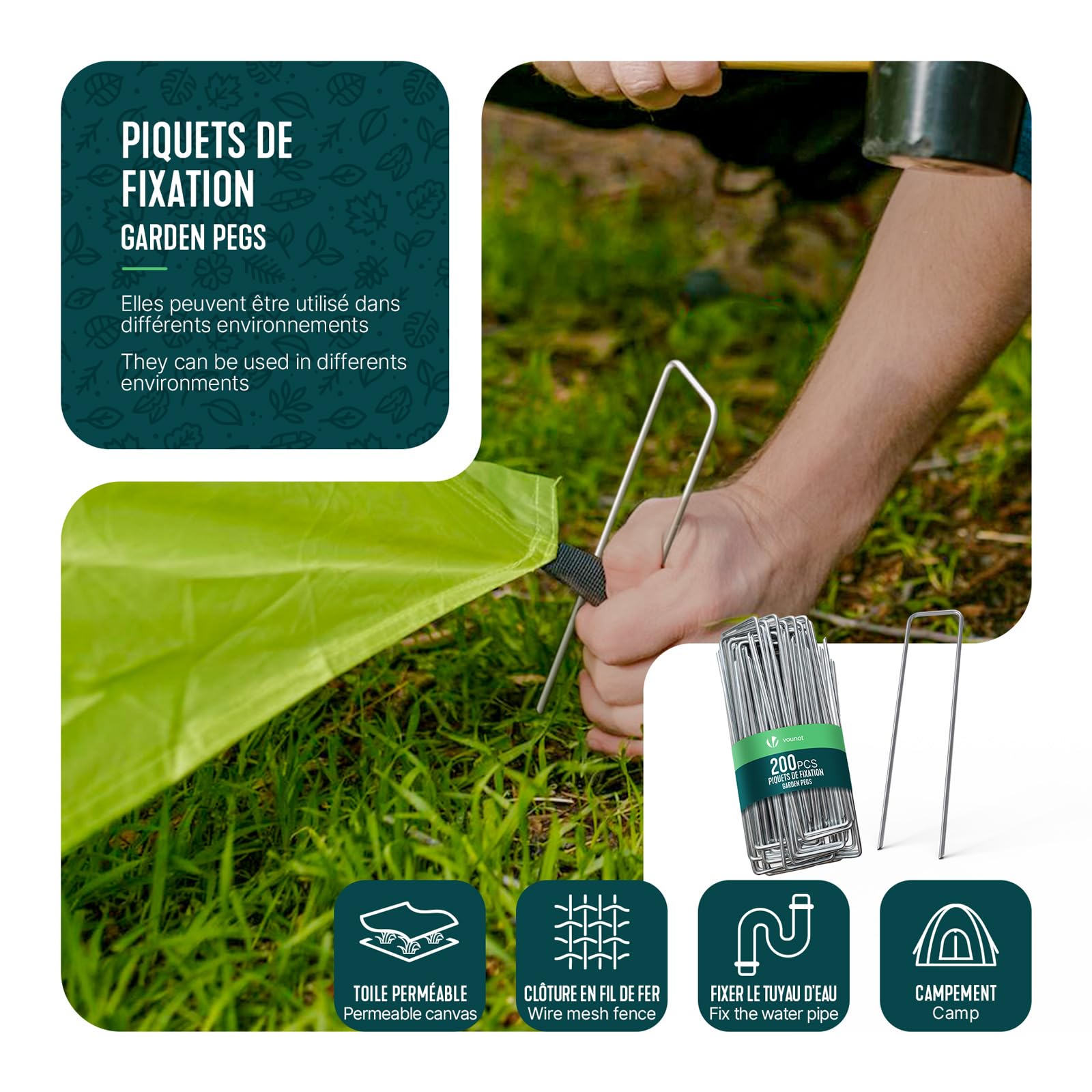 VOUNOT® Set da 200 Picchetti di Fissaggio per Telo Pacciamatura in Metallo Zincato, Picchetti da Giardino a U 150x30 mm Ø 3 mm, per Teli Anti Erbacce, Reti, Prato Artificiale e Tubo Irrigazione