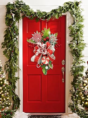 Miniatura 9 de Guirnalda de lágrima de Navidad, corona de Navidad de bastón de caramelo para puerta delantera, guirnaldas de Navidad para decoración al aire libre,
