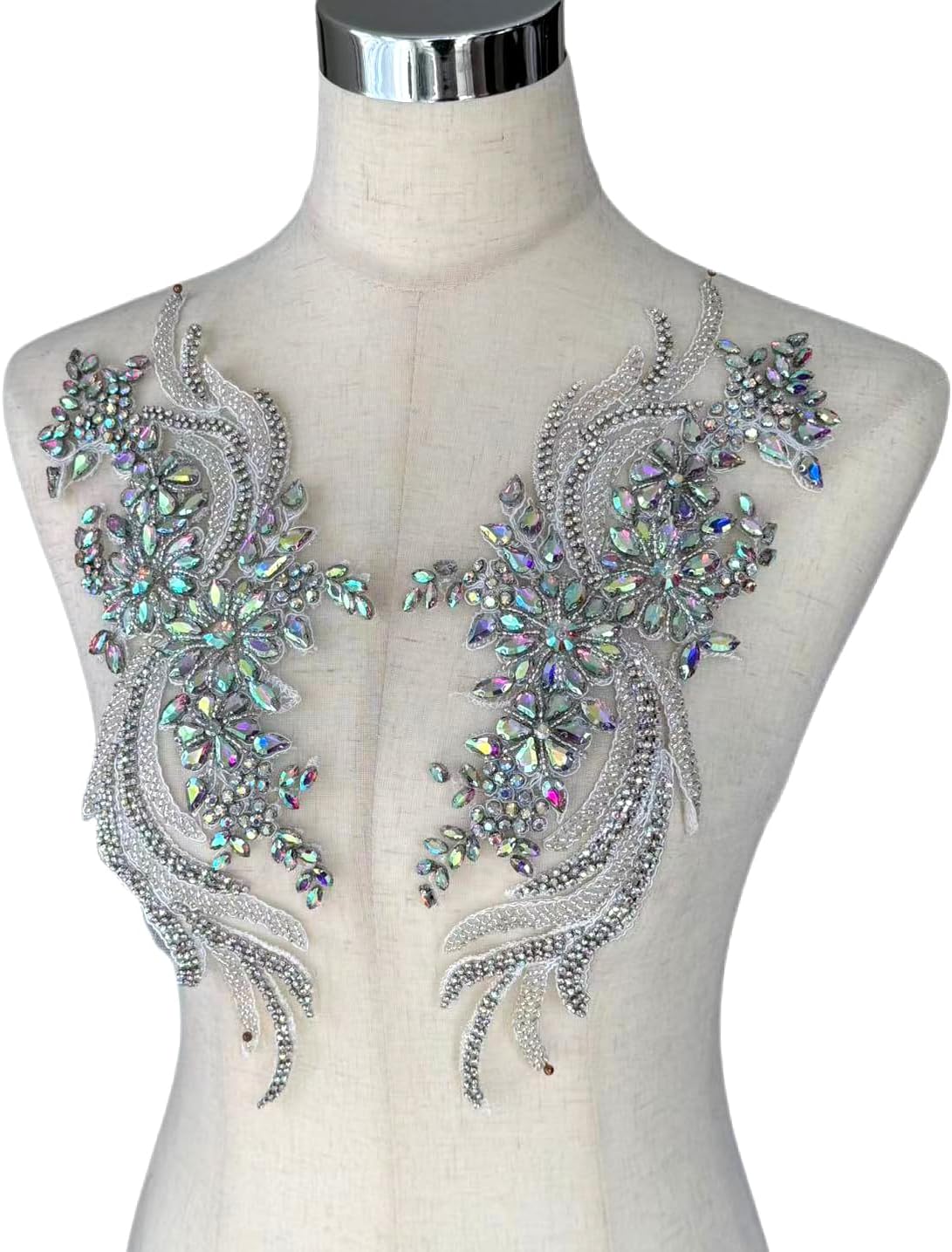 Hand-Made Beaded Rhinestons DIY Clothing Appliques Patch,Beaded Applique for Wedding Dress Decoration,Rose AB Color Flower Applique by Pair (Multicolor)