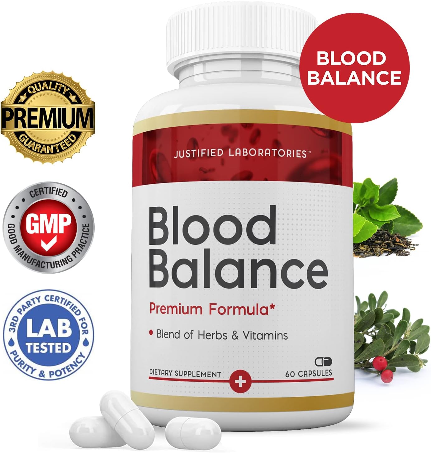 Justified Laboratories Blood Balance - 60 Capsules, Pack of 2 - Advanced Circulatory Support Formula with a Blend of Herbs & Vitamins - 60 Servings