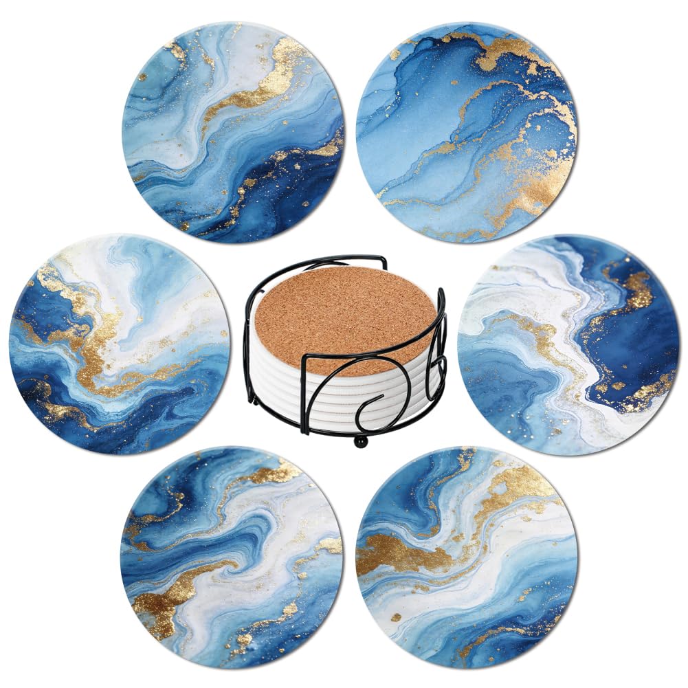 ANATTASOUL Gilded Marble Ceramic Coasters Set of 6 with Holder for Drink