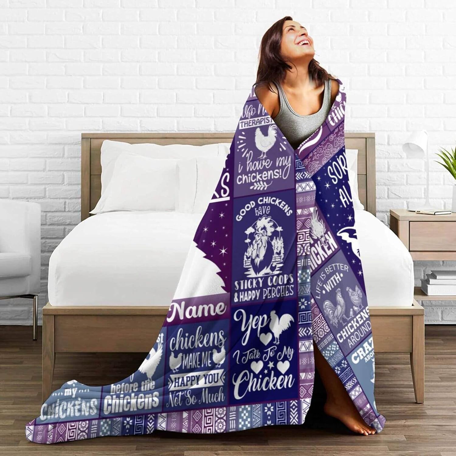 Custom Chicken Blanket for Women Men, Personalized Cute Chicken Themed Purple Throw Blankets for Teens Adults Couch Bed, Giftable Blanket, 60"x 80"