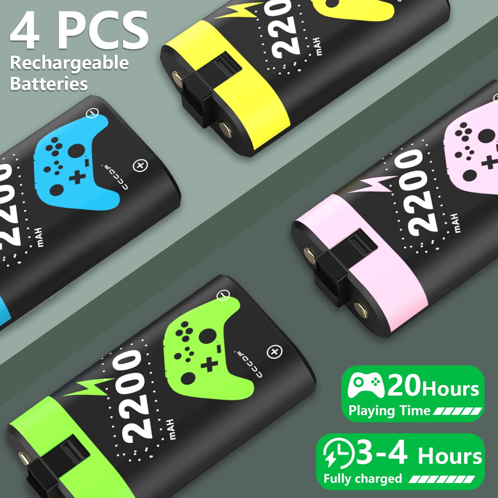 4 Pz 2200mAH Batterie Ricaricabili per Xbox One Controller Xbox Series X | S Pacchetti Batteria con Caricatore Dock Station per Xbox Series X | S, Xbox One S/One X/One Elite