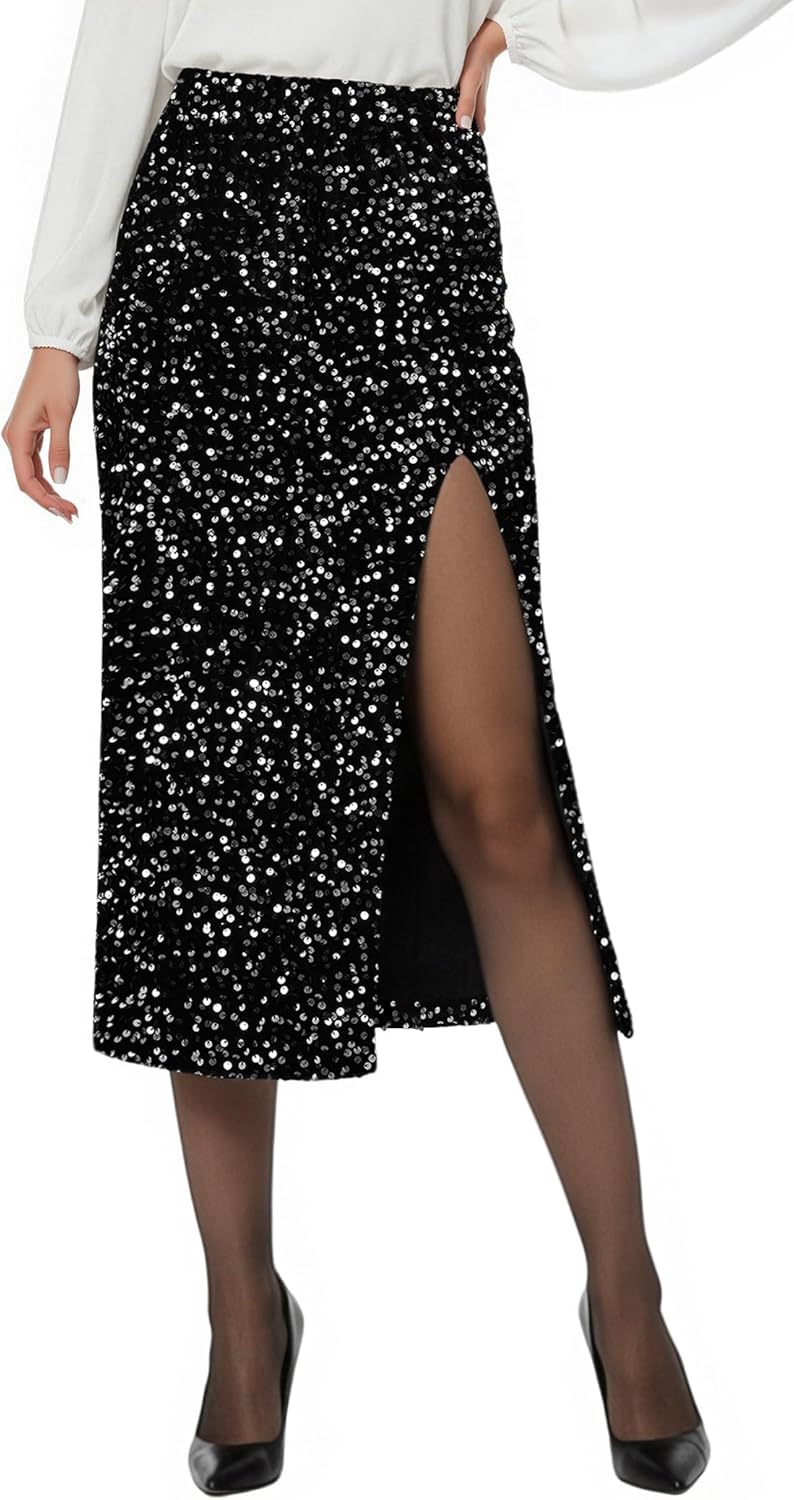 AURUZA Women's Sequin Midi Skirts Side Slit Sparkle High Waist Stretchy Elastic Glitter for Women Skirt Night Out Party