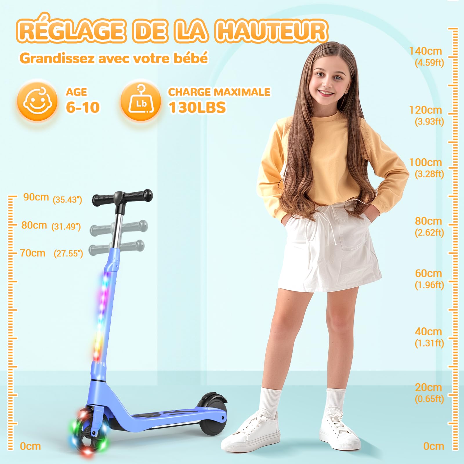 SISIGAD - Patinete eléctrico Infantil de 6 a 8 a 10 años, Scooter eléctrico de 5,3 Pulgadas, con luz LED Colorida y 3 Alturas Ajustables, Patinete Infantil, Velocidad máxima 10 km/h, Carga máxima 70