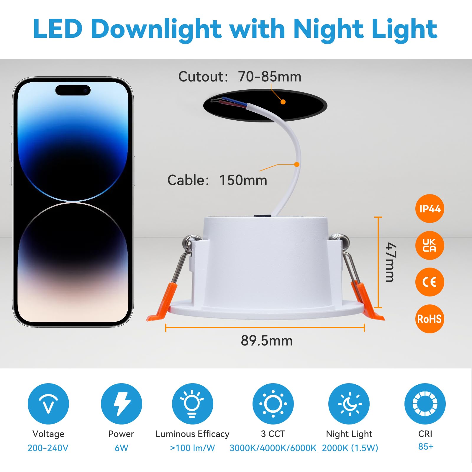 KEELED Led-inbouwspot zwart met nachtlichtfunctie, inbouwverlichting, 230 V, 6 W, 3 kleurtemperaturen 3000 K/4000 K/6000 K naar keuze, niet dimbaar, inbouwgat 70-85 mm, 2 stuks