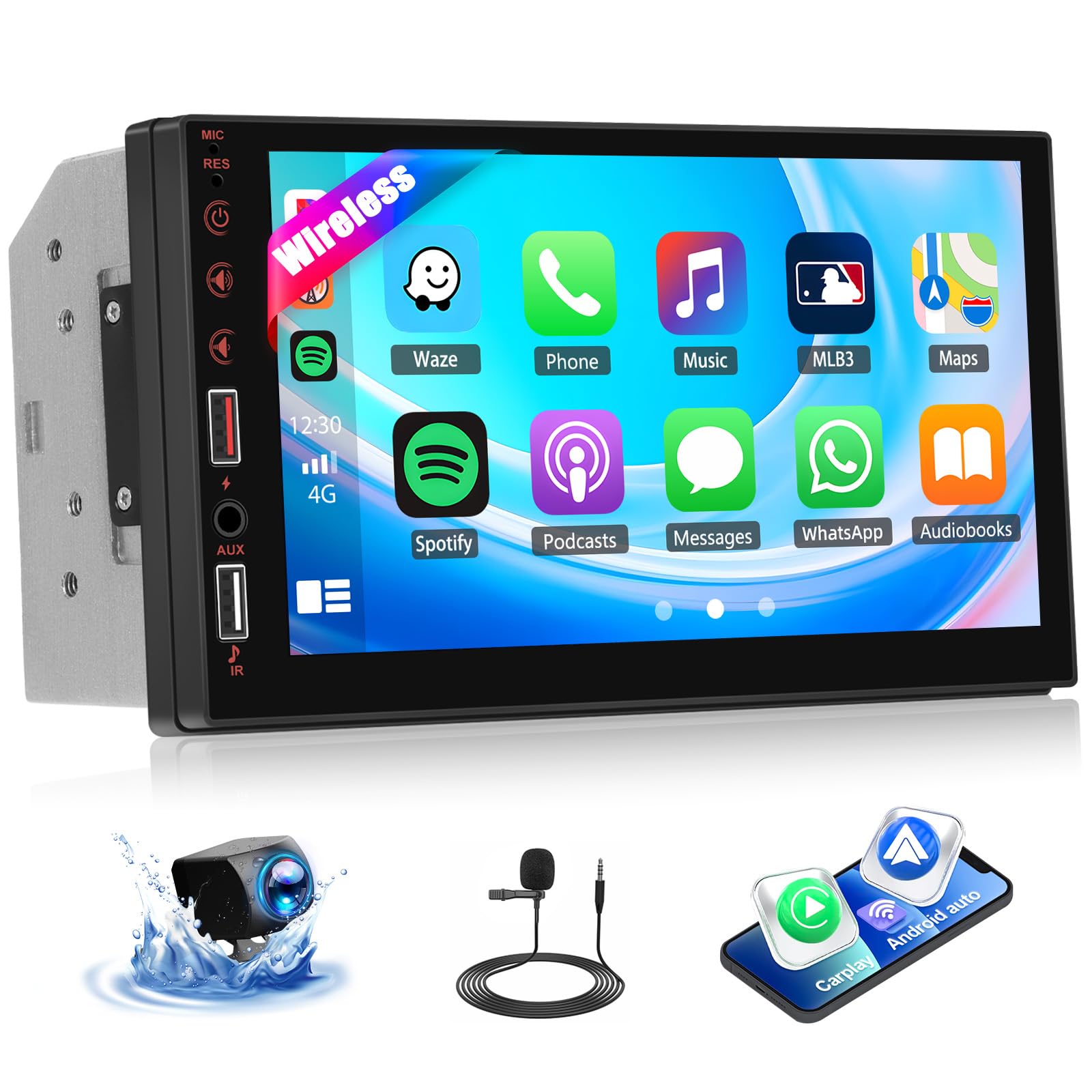 UNITOPSCI Double Din Wireless Carplay Android Auto Car Stereo, 7