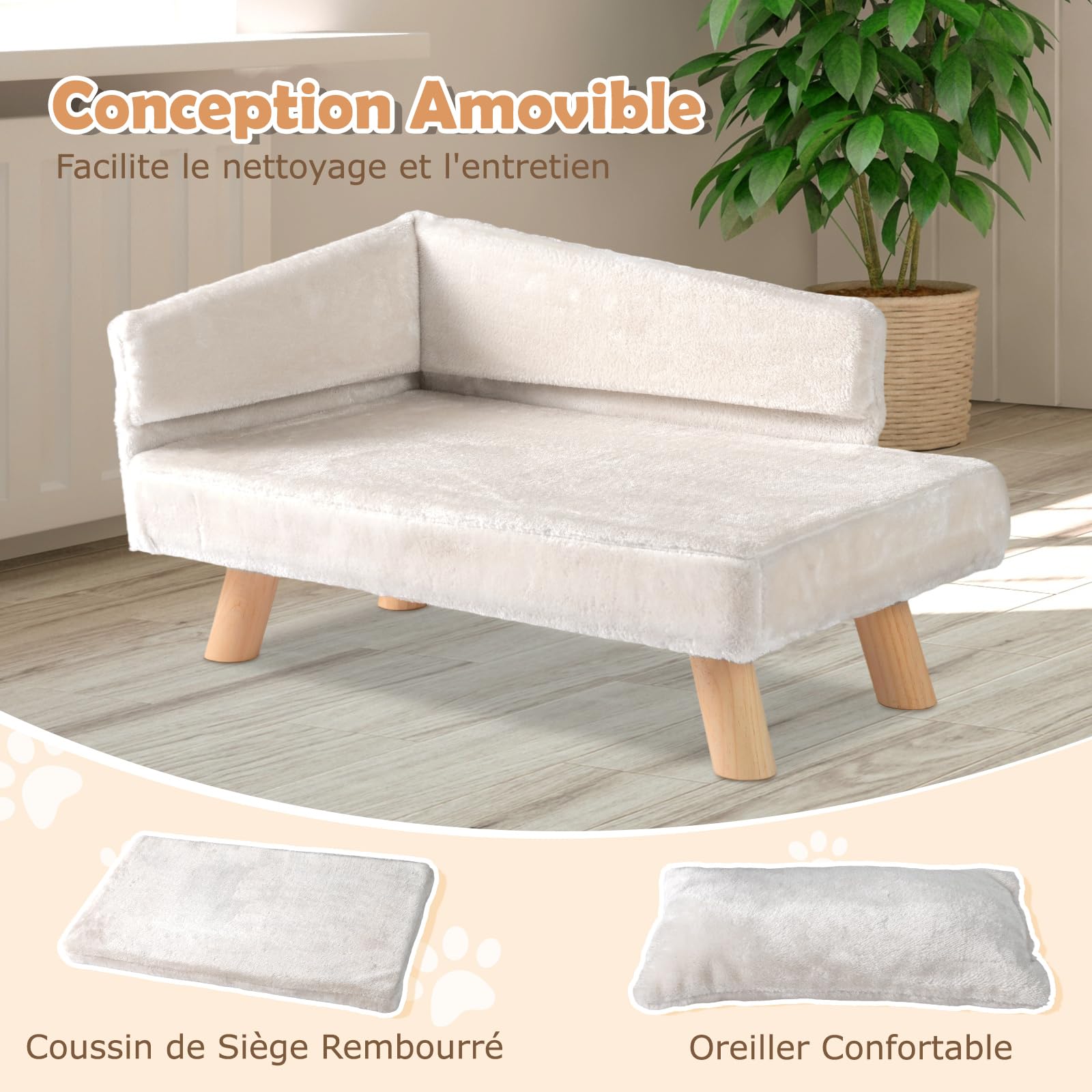 COSTWAY Canapé Lit pour Chien Chat Charge 30/50 kg, Oreiller et Coussin Amovibles, 4 Pieds en Bois, Panier pour Chien Chat Moyens & Petits, Dossier Haut (Beige,71 x 43 x 40 cm)